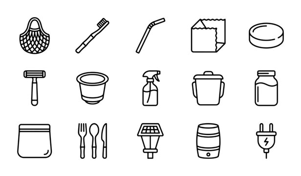 Eco-Friendly Reusable Icons Set: Sustainable Living, Zero Waste, Green Lifestyle Objects