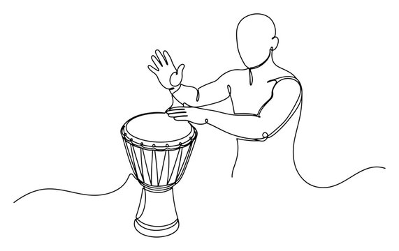Musician playing djembe african drum in continuous line art style