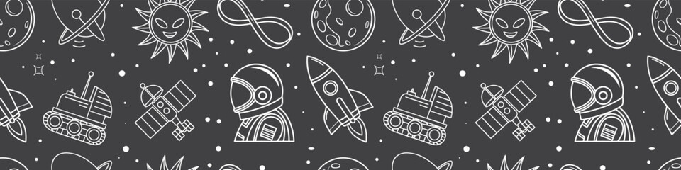 Seamless space exploration pattern featuring astronaut, rocket, planets, satellite, rover, stars, and sun in clean outline vector style. Modern repeating cosmic background with playful astronomy . © KhanMinhazulIslam