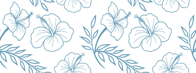 Elegant seamless hibiscus floral pattern with botanical leaves in delicate blue line art. Clean repeating tropical flower background in minimal vector style. © KhanMinhazulIslam