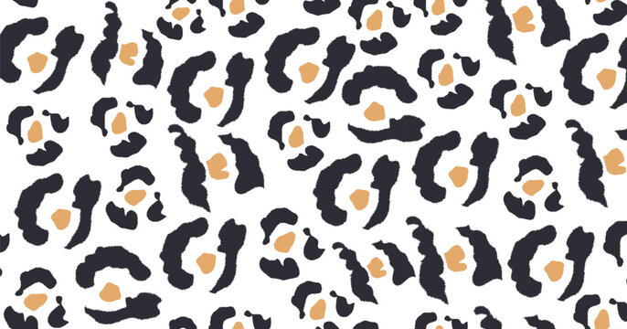 Modern seamless leopard print pattern with stylish black spots and warm golden accents on a clean white background. Trendy animal skin repeat vector design for bold contemporary decor.
