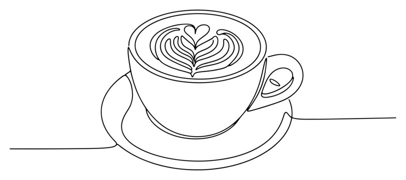 Coffee cup with latte art on saucer in continuous line art style