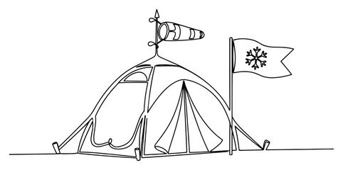 Arctic expedition tent with snowflake flag and windsock in snow in continuous line art style © InsomniaVideo