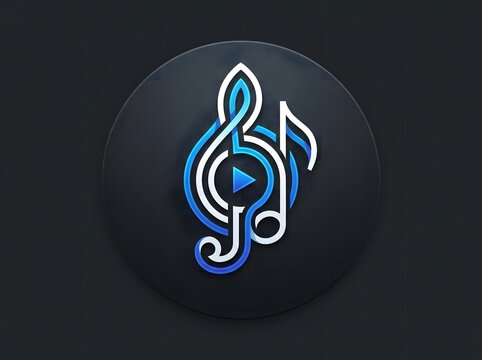 Abstract music icon with glowing blue notes and play button on a dark background.