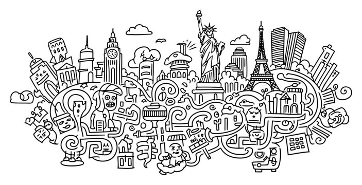 World famous landmarks and travel icons integrated in complex doodle city landscape style