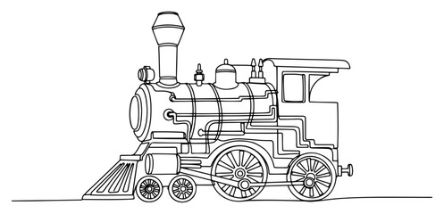 Steam locomotive train engine in vintage style with continuous line art © InsomniaVideo