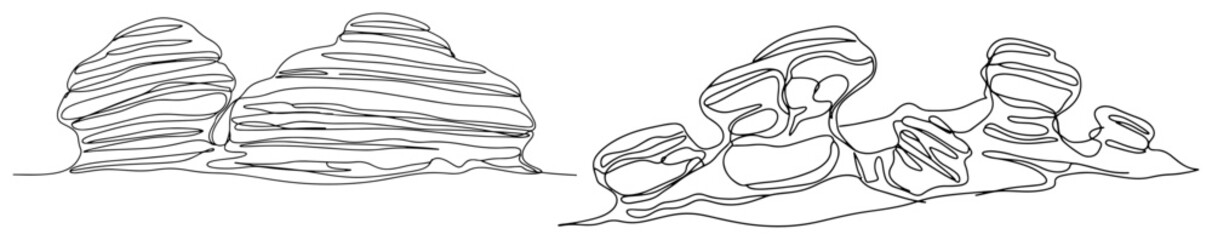 Layered rock formations and natural stone boulders in continuous line art style © InsomniaVideo