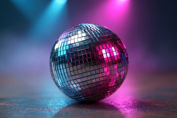 Fototapeta premium Silver disco ball reflecting blue and pink lights in nightclub with atmospheric fog