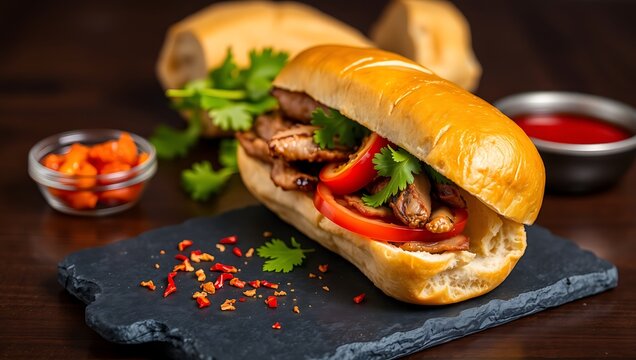 Vietnamese Banh Mi Sandwich with Grilled Pork and Fresh Vegetables on a Slate Board studio photo