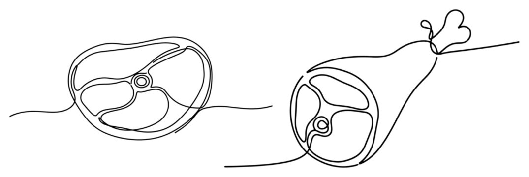 Raw meat steak and ham leg on bone in continuous line art style