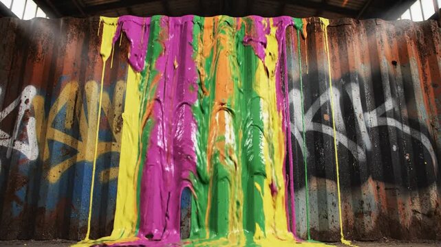Colorful paint dripping down a rusty corrugated metal wall with graffiti creating abstract art.
