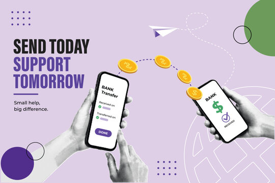 Halftone Pop Art Collage with Hands Holding Smartphones with Bank Transfer and Coins. Send Today, Support Tomorrow, Mobile Payment and Money Transfer Concept. Retro Vintage Style Banner
