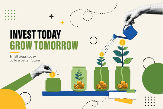 Halftone Pop Art Collage with Hands Watering Plants Growing in Jars with Coins. Invest Today, Grow Tomorrow: Financial and Wealth-Building Concept. Retro Vintage Style Banner