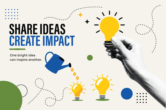 Halftone Pop Art Collage with Hand Holding Light Bulb and Watering Can Growing Ideas. Share Ideas, Create Impact; One Bright Idea Can Inspire Another. Retro Vintage Style Banner