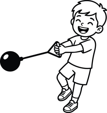 Line art child swinging a tethered ball on a playful cartoon swing toy