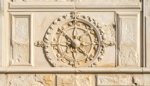 Close-up of ornate, sun-like relief, a detailed, beige decorative emblem on a wall