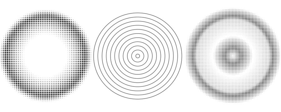 Black concentric circle set. Sonar or sound wave ring collection. Dotted and linear epicentre, target, radar icon concept. Ripple radial signal or vibration elements. Vector line and halftone symbols