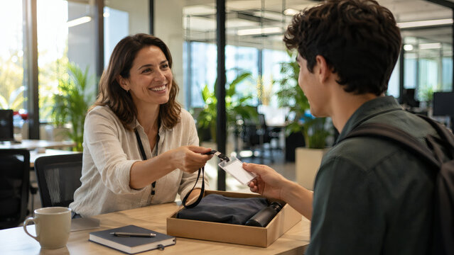 HR manager welcoming temporary seasonal worker in modern corporate office