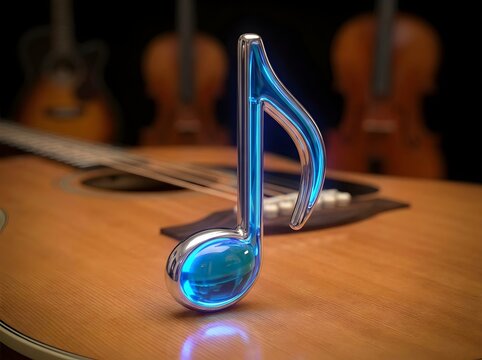 Gleaming blue musical note icon resting on a guitar surrounded by instruments.