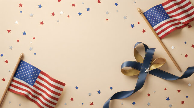 Labor day patriotic usa flags and ribbon celebration american holiday concept