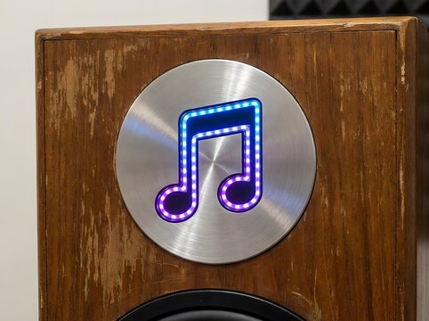 Illuminated music note icon on a wooden speaker vibrant blue neon glow.