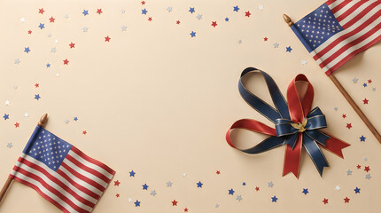 Obraz premium Labor day patriotic celebration american flags ribbon and stars festive holiday layout