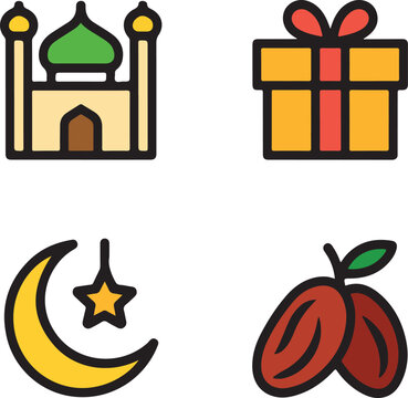 Eid mubarak icons with mosque gift crescent moon and dates