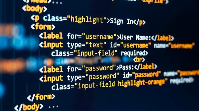 Html login form code snippet on blue monitor display