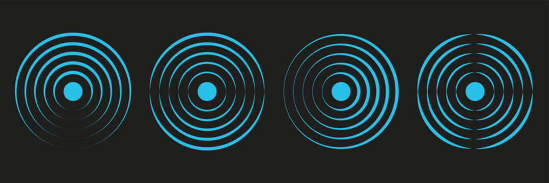 Red concentric ripple circles set. Sonar or sound wave rings collection. Epicentre, target, radar icon concept. Radial signal or vibration elements. Halftone vector illustration