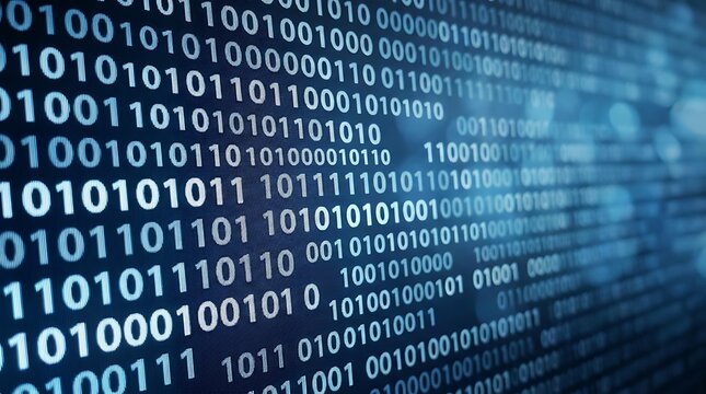 Binary code on a digital screen with blue hues