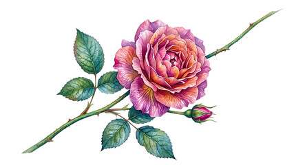 Obraz premium Watercolor pink and orange rose with green leaves, isolated on transparent background