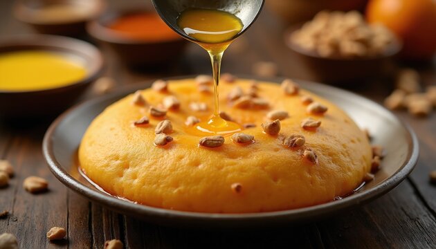 Sweet puran poli flatbread getting ghee poured on top. Garnished with nuts, this festive Indian dessert is made from gram flour and jaggery.