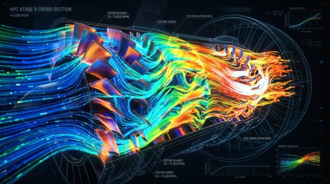 Cross section of a jet engine with colorful fluid dynamics simulation data