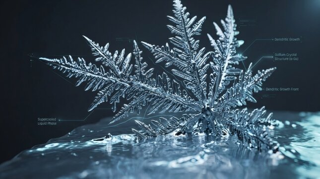 Detailed macro view of a complex snowflake crystal structure forming in supercooled liquid