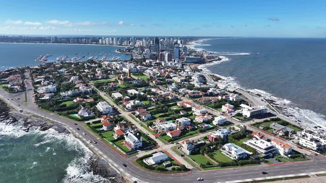 Punta Del Este Skyline In Punta Del Este Maldonado Uruguay. Aerial View Of A Bustling City With High-Rise Buildings And Traffic. Beach Landscape. Bay Water Landscape. Punta Del Este Maldonado.