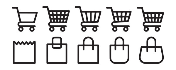 Black outline shopping cart and paper bag icons set on transparent background for retail ecommerce designs. © Moni
