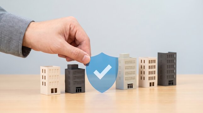Hand holding a blue shield icon protecting small model buildings on a wooden table representing property insurance and safety