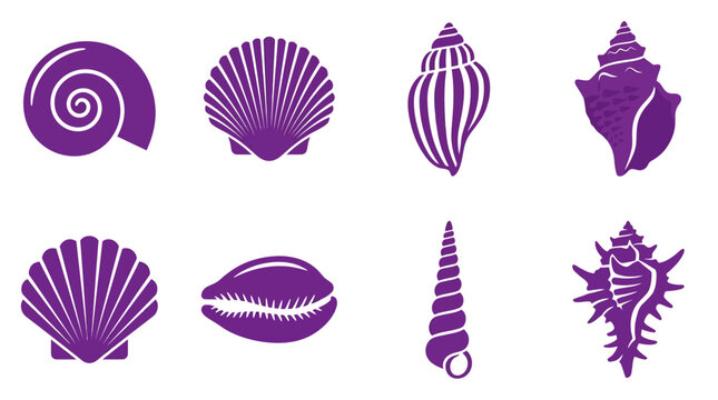Collection of purple seashell icons on white background - graphic elements