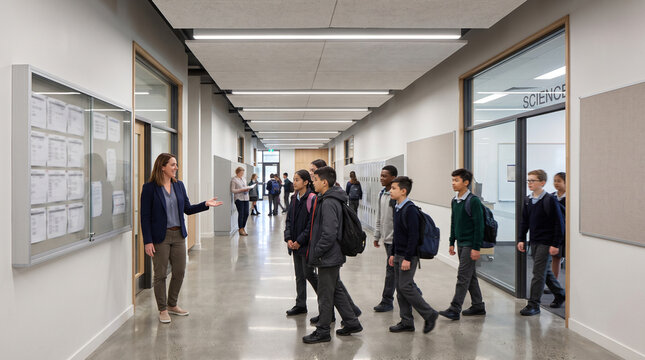 Orderly Class Change With Teacher Direction In Contemporary School Corridor