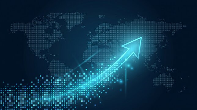 Digital growth arrow pointing upwards over a glowing dotted world map representing global business success and financial market trends