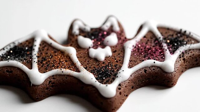 Delicious Halloween Bat Shaped Cookie with White Icing and Sparkling Glitter, Close Up on White Background