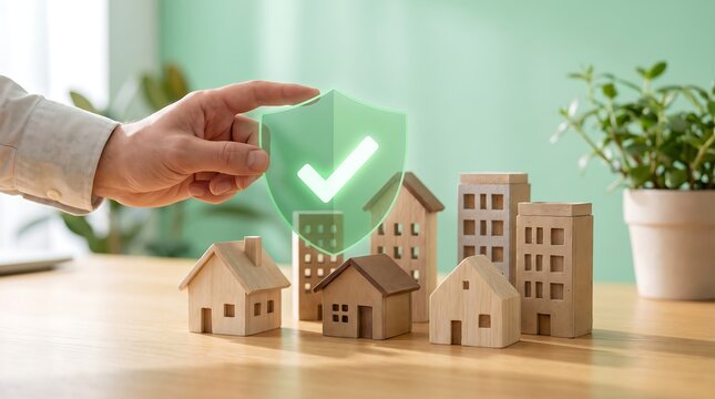 Insurance shield icon protecting wooden miniature houses on a desk representing real estate security and property investment safety concept