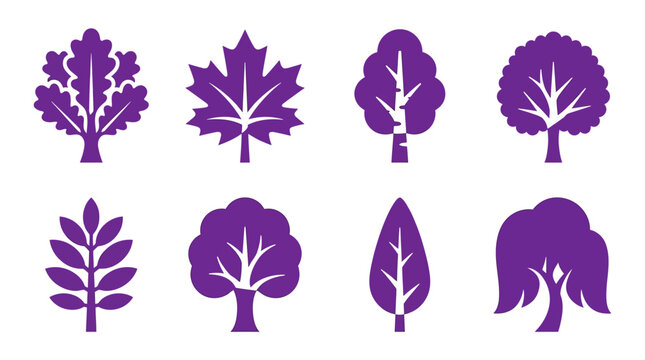 Set of eight stylized purple trees and leaves icons on white background