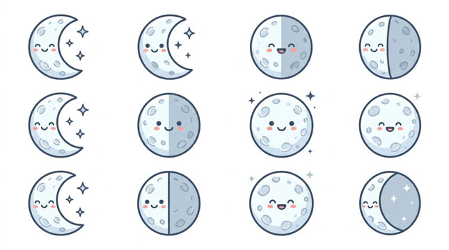 Cute Moon Phases Collection Kawaii Style Celestial Bodies.