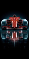 Obraz premium A high performance red Formula 1 racing car in a studio setting with dramatic lighting and shiny reflections. Modern aerodynamic design representing speed and power.