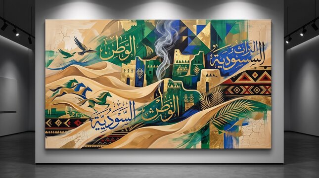 Large abstract canvas art painting displayed in a gallery, featuring Saudi heritage motifs, desert dunes, galloping horses, Arabic calligraphy, and traditional green and gold patterns.
