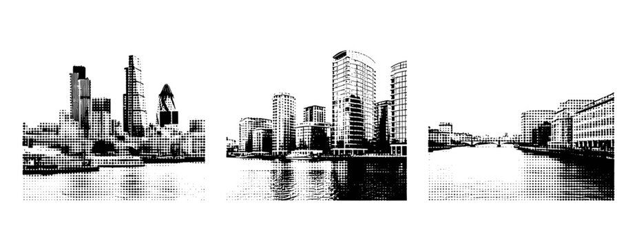 City skyline views across waterfront in triptych layout. not ideal dots