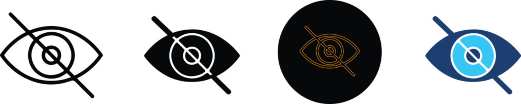 Four distinct variations of a crossed out eye visibility icon