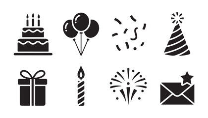 Naklejka premium Birthday celebration vector icon collection featuring cake candles balloons party hat and fireworks.