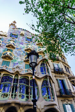 Barcelona, Spain - April 3, 2021. Facade of Casa Batll&oacute;, a building designed by the architect Antoni Gaud&iacute;, located at number 43 on Passeig de Gracia in Barcelona